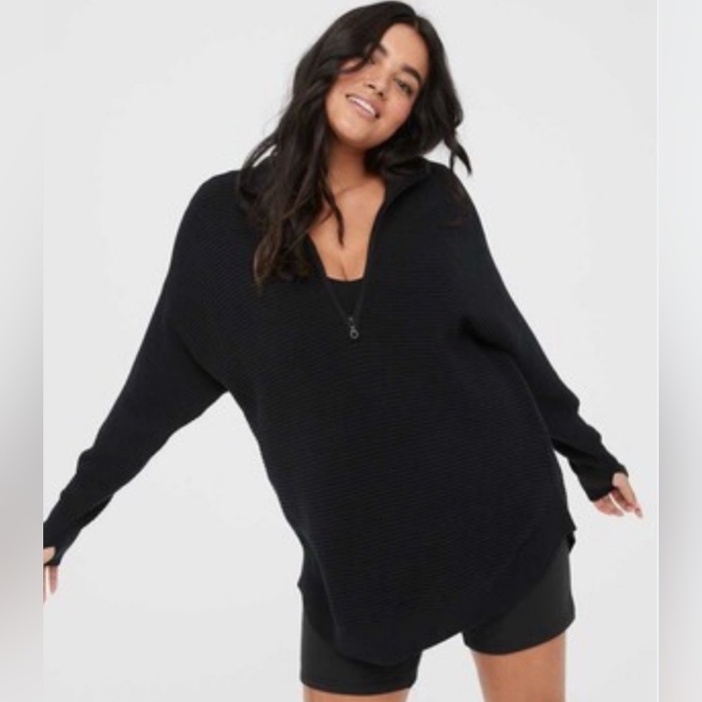 Aerie Offline Black Ribbed Knit Oversized Quarter Zip Sweater Sz: Large